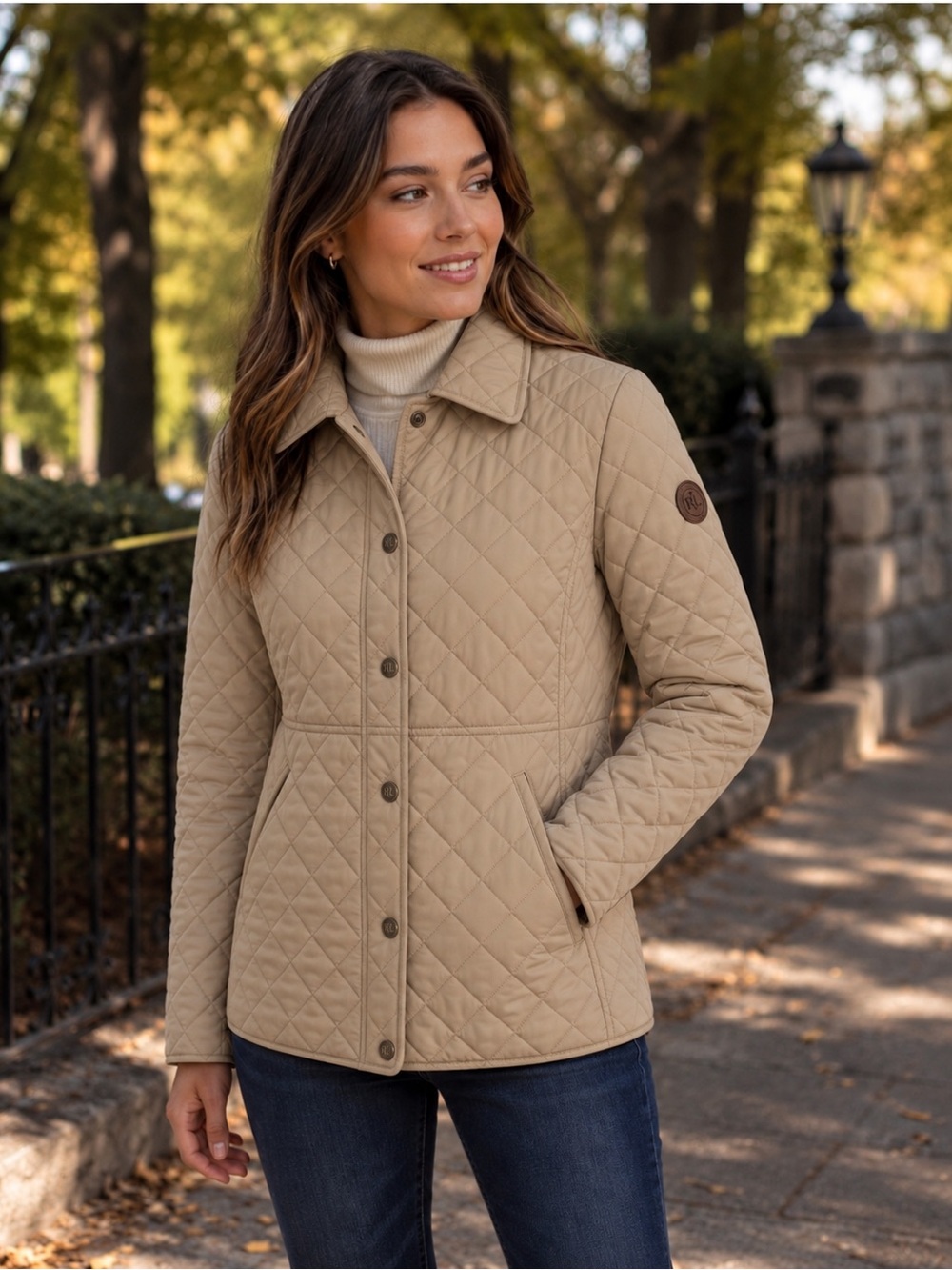 Lauren Ralph Lauren Quilted Jacket Women M Beige Tan Equestrian Preppy Coat NWOT